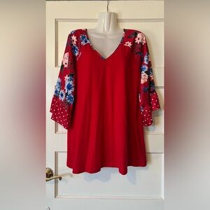 Red Floral Bell-Sleeve V-Neck Blouse